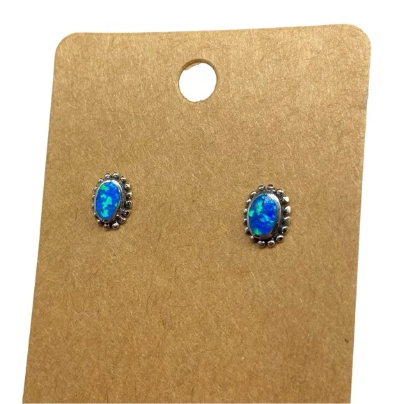 Blue Fire Opal Stud Earrings Solid Sterling Silver 925 Dainty Stone Boho Jewelry - Picture 4 of 7